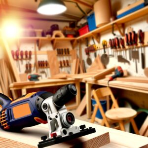 Ein hochwertiges multifunktionales DIY-Werkzeug in einer einladenden Werkstatt, umgeben von Holzstücken und Werkzeugen. Das Bild zeigt eine moderne Atmosphäre für Heimwerker und DIY-Enthusiasten.