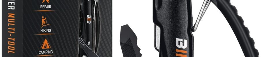 12-in-1 Multitool von BIIB auf einem rustikalen Holzlen, umgeben von DIY-Werkzeugen für Männer, ideales Geschenk für Heimwerker