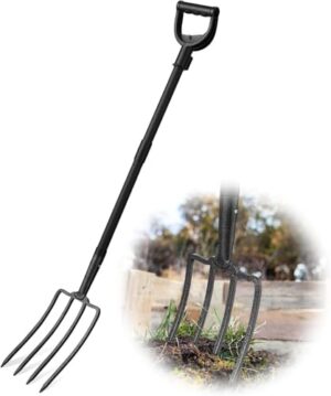 Robuste 127cm lange Mistgabel mit D-Griff und vier Zinken für Gartenarbeit aus kaltgewalztem Stahl, schwarze Farbe