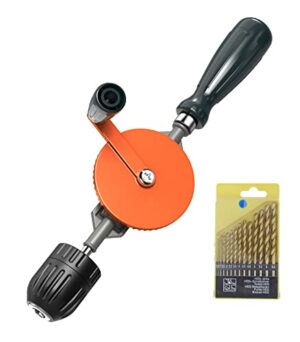 Hauswerkzeuge, Leistungsstarke Handbohrmaschine für Holz, Kunststoff und Acryl, 3/8 Zoll (1-10mm), 13 Bohrspitzen, Spannfutter, Stahlguss Doppelritzel Handbohrer