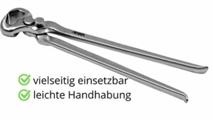 Hochwertige Hufzange mit Feder für Pferde, Edelstahlgehäuse und springgeladene Feder zum Beschlagen und Pflegen von Pferden.