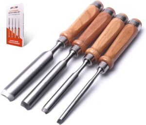 4 Stück Stechbeitel Set für Holzbearbeitung, Schreinerwerkzeuge aus hochwertigem Chrom-Vanadium-Stahl (Cr-V) mit verschiedenen Größen: 8mm, 12mm, 18mm und 25mm