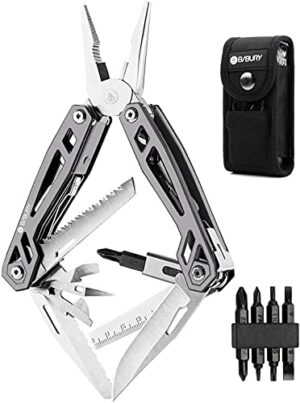 BIBURY Multitool mit vielen Funktionen und hochwertiger Titanbeschichtung, ideal für Outdoor-Aktivitäten wie Camping, Jagd oder Wandern.