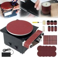 Bandschleifer mit 350 Watt Leistung, ideal für Metall und Holz Bearbeitung, 150 mm Durchmesser, 7 Geschwindigkeiten, 10 Schleifpapiere und 2 Rollen
