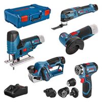 Bosch Professional 12V System Combo Kit: Ein Set fur Profis. GSR 12V-15 FC, GHO 12V-20, GWS 12V-76 und GST 12V-70 Werkzeuge mit 4 Aufsatzern und 2 Akkumulatoren.