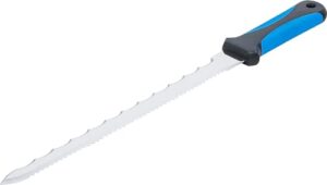Dämmstoffmesser für Dämmwolle, Glaswolle, Steinwolle, Schaumstoff und Styropor mit extra flacher Klinge und doppelt gezahnter Klinge.