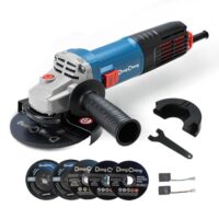 DongCheng Winkelschleifer 1100W, 125mm, Leerlaufdrehzahl:11.800min-1, Schnellverschlussabdeckung, Zusatzhandgriff, mit 2 Schleifscheiben, 2 Fächerschleifscheiben, 2 Trennscheiben