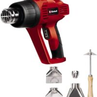 Einhell Heißluftpistole mit 2000 Watt Leistung, zwei Temperaturstufen (350°C und 550°C) und Überhitzungsschutz. Inklusive vier Düsen und Farbkratzer.