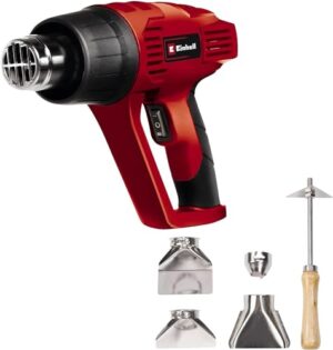 Einhell Heißluftpistole mit 2000 Watt Leistung, zwei Temperaturstufen (350°C und 550°C) und Überhitzungsschutz. Inklusive vier Düsen und Farbkratzer.