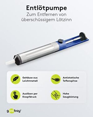 Antistatische Entlötpumpe zum Entfernen von Lötüberzügen, Entlötsaugpumpe mit Teflonspitze und Leichtmetallgehäuse für professionelle elektronische Reparatur