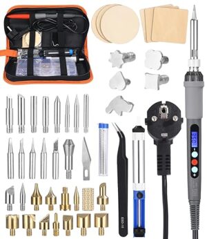 Brandmalerei-Lotkoben-Set, 60W 220V LCD Brandmalkolben Einstellbare Temperatur 200-450°C Pyrographie-Tipps für Holz Leder Gravieren DIY Kunst Schweißen Skulptur Holzbrandmalerei