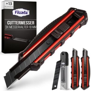 Robustes Teppichmesser Profi für Heimwerker und Handwerker, 3 Cuttermesser mit 13 Carbonstahl Klingen inklusive, universell einsetzbar für verschiedene Materialien