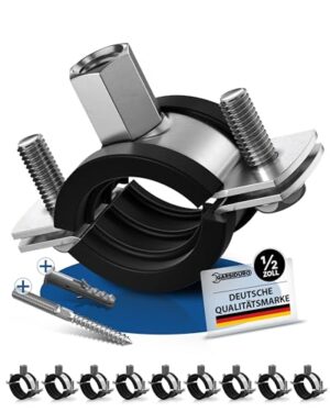 Hochwertige Schellen für die Rohrbefestigung und Rohrhalterung, 10 Stück mit passenden Stockschrauben und Dübeln, Stahl verzinkt mit Gummieinlage