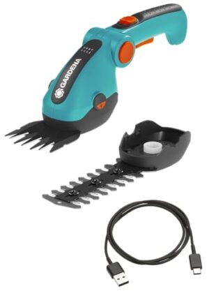Gardena Akku Gras und Strauchschere ComfortCut Li Rasenkantenschere und Strauchschneider mit abwinkelbarer Komforthandgriff und LED Anzeige für effektive Rasenpflege