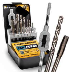 Gewindeschneider Set Metrisch, M3 - M12, 15-teilig, HSS-G Windeisen und Amboss Tap Force für präzises Gewindeschneiden