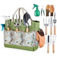 Ein Set von 9 verschiedenen Gartenwerkzeugen, darunter eine Gartenschere, Unkrautstecher und Umpflanzmaschine. Die Werkzeuge sind in einer großen Tasche mit Retro-Blumenmuster aufbewahrt.
