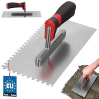 Edelstahl Glättkelle mit Zahnung 6x6 mm zum Verlegen von Fliesen und Glätten von Oberflächen, professionelles Werkzeug für die Verlegung von Fliesen, hohe Qualität und lange Lebensdauer.