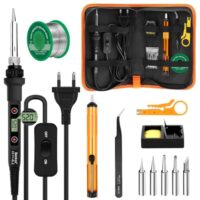 Professionelles Lötkolben Set für Elektrische Arbeiten, LCD Einstellung 180-520°C, Ein/Aus Schalter, 50g Lötdraht, 5 Lötspitzen und mehr.