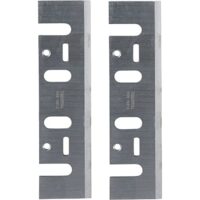 Zwei HSS Hobeleisen in Silber mit einer Länge von 110 mm von Makita, ideal für schnelles und glattes Schneiden, inklusive zwei Klingen