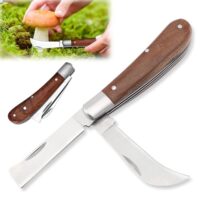 Multifunktionales Gartenwerkzeug mit 2 Klingen: gebogen für Pfropfen und gerade für Beschneiden und Reparieren von Unkrautbüschchen, Klappbar, Gesamtlänge 16,5 cm, hochwertiger Edelstahl und Naturholzgriff