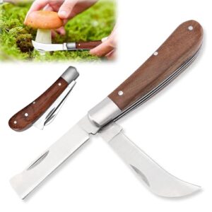 Multifunktionales Gartenwerkzeug mit 2 Klingen: gebogen für Pfropfen und gerade für Beschneiden und Reparieren von Unkrautbüschchen, Klappbar, Gesamtlänge 16,5 cm, hochwertiger Edelstahl und Naturholzgriff