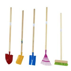 Kinder gartengeräte set mit Schaufel, Spitzspaten, Spaten, Besen und Laubbesen für Gartenarbeit und Spiel