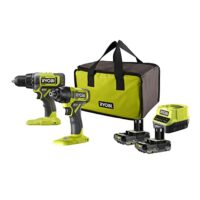 Zweiteilige Bohrmaschine und Schlagschrauber von Ryobi mit 18 V Akku, zwei 2 Ah Akkus und Ladegerät in Transporttasche.