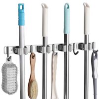 Edelstahl Besenhalter mit 4 Schlitzen und 5 Haken, ideal für Küche, Badezimmer, Garage und Garten, grau