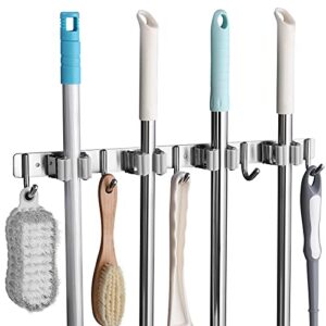 Edelstahl Besenhalter mit 4 Schlitzen und 5 Haken, ideal für Küche, Badezimmer, Garage und Garten, grau