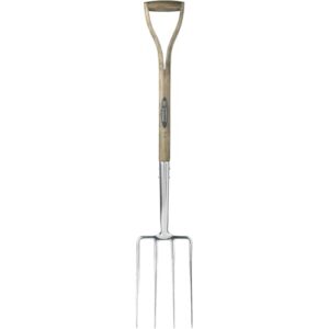Hochwertige, rostfreie Grabegabel von Spear & Jackson mit Edelstahlblatt und robustem Hartholzschaft. Geeignet für den professionellen Garten- und Landschaftsbau.