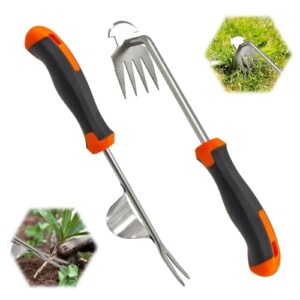 Hochwertiger Unkrautstecher aus Edelstahl mit Stiel und Gummigriffen für effektives Entfernen von Unkraut im Garten.