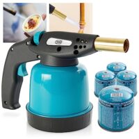 TOM Gas-Lötbrenner im Set - inkl. 4 x 190 g Universal Gaskartuschen - 1300°C - Lötlampe zum Weich- oder Hartlöten - Piezozündung - Bunsenbrenner Gasbrenner