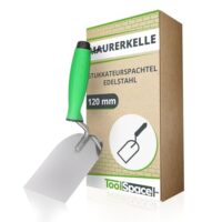 Hochwertige Präzisions-Stuckateurkelle aus Edelstahl mit gummiertem Griff, ideal für Stuckarbeiten und Mörtelverteilung.