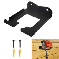 Wandmontierte Garagenaufbewahrung für Rasentrimmer, Heckenschere und Gartengeräte aus Edelstahl mit schwarzer Beschichtung. Praktische Lösung für Garage oder Garten.