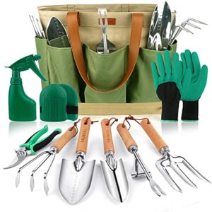 YAUNGEL Gartenwerkzeug Set, 10 Stück Schwerlast Edelstahl Gartenarbeit Kit mit Non-Slip Holzgriff - Garten Geschenke Verpackung für Frauen Männer, Grün