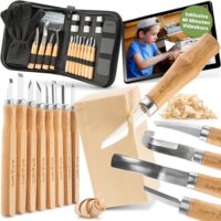 Schnitzwerkzeug Set mit Handschuhen und Videokurs für Kinder und Erwachsene, inkl. 18-teiliges Schnitzmesser und Werkzeugset zur Holzschnitzung
