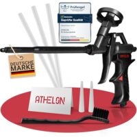 Ergonomische Bauschaumpistole mit Teflon-Beschichtung, Feindosierungsventil und Aufsätzen für präzises Auftragen von Bauschaum und Montageschaum