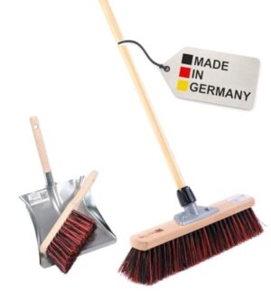 BawiTec Kehrset, ArengaMix-Borsten, Qualitäts Besen Set für Außenarbeit mit Handfeger und Metall-Kehrblech und Holzgriff