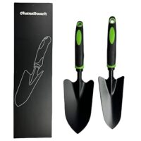 Doppelte Blumenkelle mit zwei Größen, ideal für den Garten und Pflanzen, ergonomische Design mit Gummi-Griff und Kohlenstoffstahl-Konstruktion.