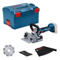 Bosch Professional 18V System Akku-Flachdübelfräse GFF 18V-22 inkl. Scheibenfräser Ø 105 mm, Staubbeutel und weitere Zubehörteile