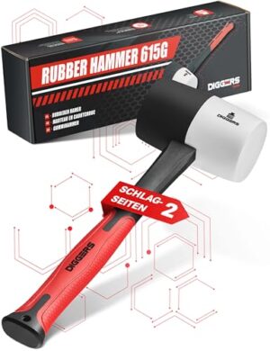Doppelseitiger Gummihammer mit 2-in-1 Funktion, rückschlagfrei und mit Fiberglasgriff. Ideal für Heimwerker und Outdoor-Enthusiasten bei der Arbeit im Haus, Garten oder beim Camping.
