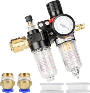 1/4 Zoll Druckluft Druckminderer Wasserabscheider Druckluft mit Manometer Ölabscheider Druckregler Zubehör für Kompressor - Komplett-Set zum Kompressordruck regulieren und messen