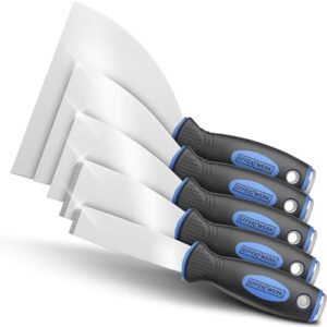 Effektwerk Profi Spachtel Set, 5-teiliges Set aus rostfreiem Edelstahl, 2x stabile Spachteln zum Tapeten entfernen mit Anschliff & Metallplatte, 3x flexible Malerspachteln, ideal für Dekorationen, Renovierungsarbeiten und DIY-Projekte