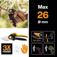 Fiskars Bypass-Gartenschere L, X-Serie PowerGear, P961, mit Rollgriff, für frische Äste und Zweige, Antihaftbeschichtung, Edelstahl-Klingen, Länge: 22,2 cm, Schwarz/Orange