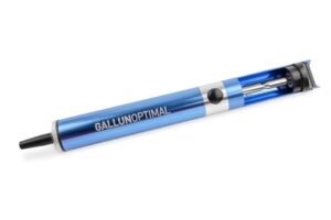 Professionelle Entlötpumpe mit Ganzmetallgehäuse, blauer Farbe und ESD-Teflon-Spitze. Hohe Saugleistung für effizientes Arbeiten bei der Elektronik.