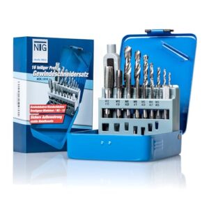 NTG Gewindeschneider Set aus HSS Stahl, 16-teiliges Gewindebohrer Set in verschiedenen Größen von M3 bis M12 inkl. Windeisen und Aufbewahrungsbox