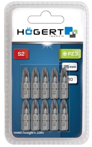 HÖGERT TECHNIK PZ3 Schrauberbits 25 mm, 5 Stück - Hochwertige Werkzeuge für starke Verschraubungen und Montageeinsätze aus robustem S2-Stahl mit HRC-Wertung von 58–60