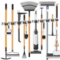 Besenhalterung Wand, Gerätehalter Edelstahl mit 10 Haltern und 8 Haken, Gartengerätehalter Wandhaken Mopphalter Wandhalterung Selbstklebend Werkzeughalter für Badezimmer Garten Garage