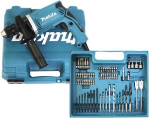 Makita HP1631KX3 Schlagbohrmaschine im Koffer, 710 W + 74 Teile Zubehör, Blau