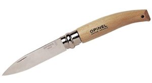 Opinel-Messer, Größe 8, mittelspitz, rostfrei, hochwertiges Werkzeug für Gartenarbeit, Holzgriff, Sandvik-Stahl, Sicherheitsring Virobloc-System